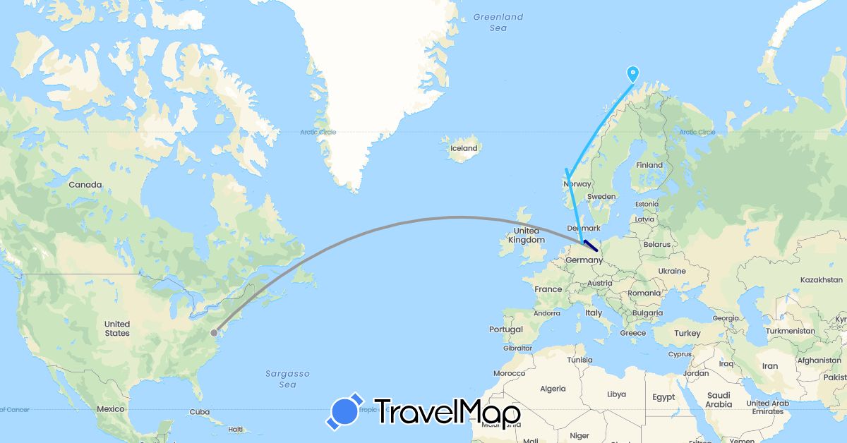 TravelMap itinerary: driving, plane, boat in Germany, Norway, United States (Europe, North America)